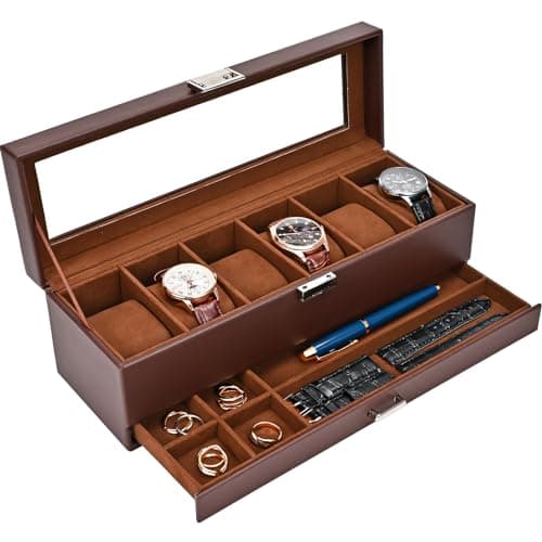 ProCase Watch Box, Fathers Day Gift for Dad, 6 Slot Watches Display Case with Drawer, Mens Watch Case with Glass Lid, 2-Layer Mens Jewelry Organizer Storage Holder -6 Slot, Espresso - Image 1