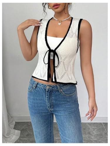 GORGLITTER Women's Crochet Tops Boho Tie Front Knit Crop Tank Tops Sleeveless Western Cowgirl Summer Going Out Outfits Beige Medium - Thumbnail 4