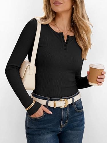ANRABESS Women's Long Sleeve Henley Tops Black X-Large - Thumbnail 5