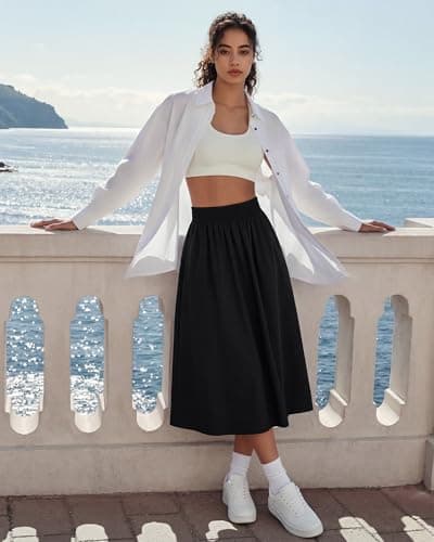 G4Free Midi Skirts for Women Casual Workout Pleated Flared Elastic High Waist Flowy Long Skirt with Pockets Midi Length Lightweight(Black,S) - Thumbnail 2