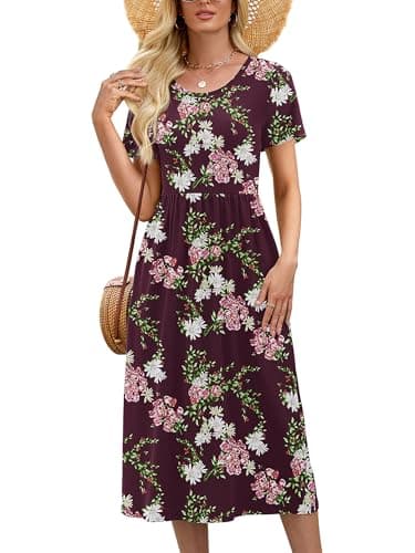 DEARCASE Ladies Summer Dresses Flower Wine Red Large Short Sleeve A Line Casual Sundress Casual Wedding Guest Flowy Swing Cocktail Party Holiday Spring Empire Waist Midi Dress with Pockets