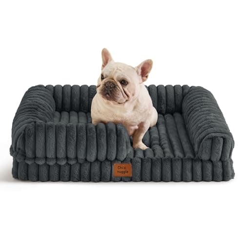 ChiXnuggle Orthopedic Dog Bed with Bolster Sides for Sleeping, Fluffy Plush Rectangular Dog Bed Medium Sized Dog, Luxury Striped Faux Fur Waterproof Dog Couch with Removable Washable Cover, Dark Grey - Image 1