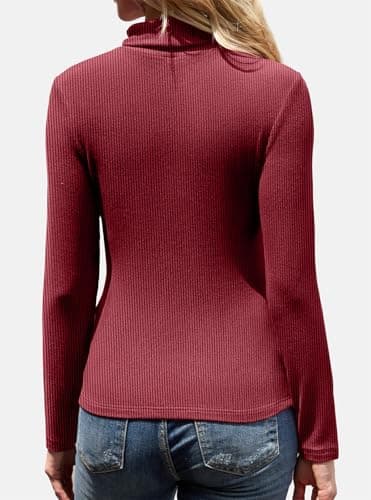 GKBK Women's Turtleneck Sweaters Fitted Long Sleeve Ribbed Shirts Lightweight Thermal Underwear Warm Layering Tops Fall Outfits 2025 Trendy Wine Red - Thumbnail 4