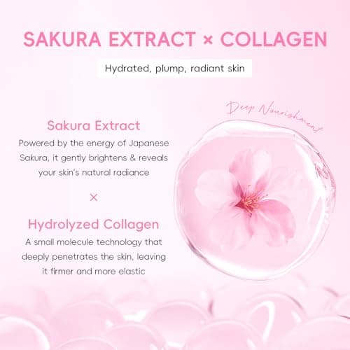 QUIYUM Sakura Collagen Skin Care Set - 5pcs Skincare with Facial Cleanser, Serum, Cream, Pink Facial Brush, Bunny Hair Band & Makeup Bag, Deep Cleansing, Hydrating, Firming, Even Tone, Radiance - Thumbnail 3