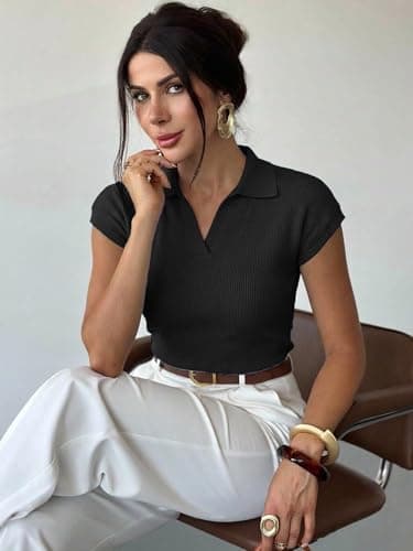 LaGracia Womens Sweater Knit Polo Cap Sleeve Business Casual Tops for Women 2026 - Thumbnail 4
