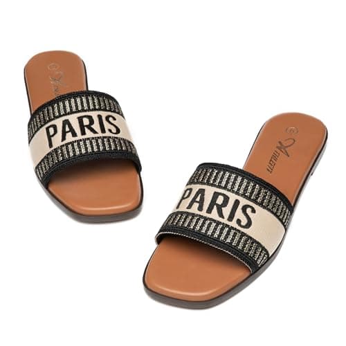 Athlefit Women's Slides Summer Fashion Slip On Flat Sandals Dressy Black Multi Size 8 - Thumbnail 6