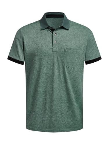 Hardaddy Men's Business Casual Polo Shirt with Pocket Short Sleeve Work Tops with Collar Contrast Color Basic Pullover Tee Slim Fit Green XXL - Image 1