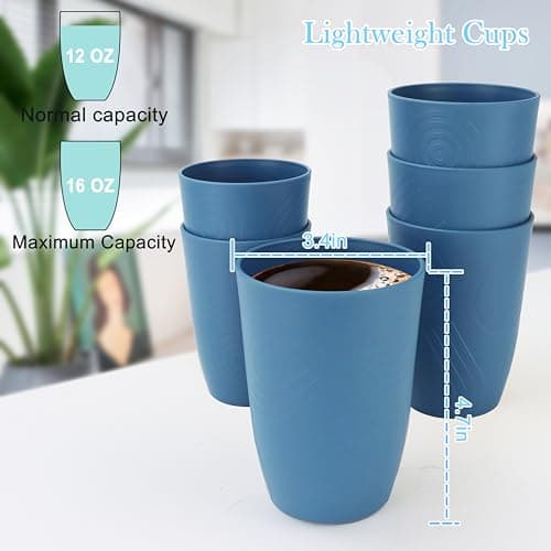 PYRMONT Wheat Straw Cups 16 Oz Alternative Plastic Cups Set of 6 Unbreakable Water Cups for Kitchen Dishwasher & Microwave Safe Drinking Cups for Camping,Office,RV Stackable Cups-Darkblue - Thumbnail 2
