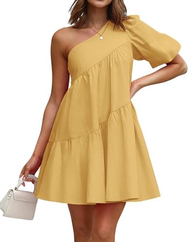 KIRUNDO Summer One Shoulder Mini Baby Doll Dresses Women 2026 Casual Puff Sleeve Loose Tiered A Line Flowy Short Dress(Yellow, X-Large) - Image 1