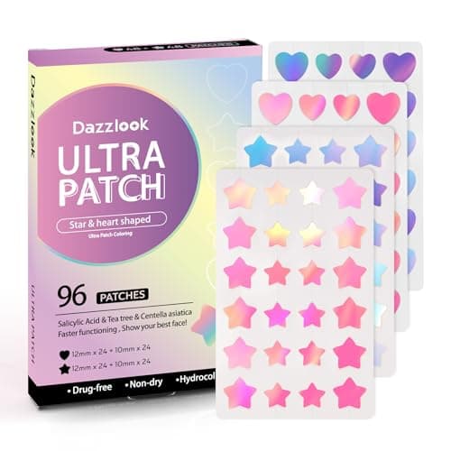Dazzlook Star Pimple Patch with Salicylic Acid Tea Tree Oil & Centella Asiatica, Hydrocolloid Pimple Stickers Iridescent Colors 96 Pcs 2 Sizes, Cute Star Heart Shaped Zits Blemishes Breakouts Patches - Image 1