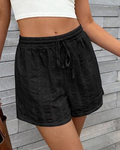 KIRUNDO Lace Shorts for Women Summer Cute Boho Eyelet Elastic Waist Drawstring Casual Lounge Shorts Beach Vacation Outfits(Black, Large) - Thumbnail 5