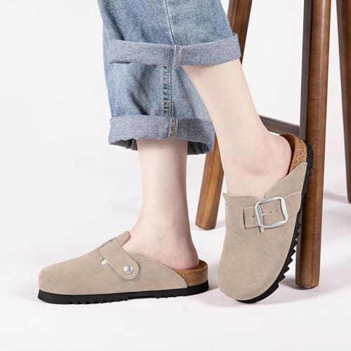 Brelzo Calvior Suede Clogs for Women Leather Mules Slip-on Sandals Men's Potato Shoes with Arch Support Tan - Thumbnail 2
