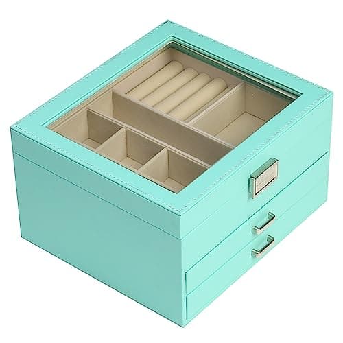 BOOVO Clear Lid Jewelry Box,3 Layers Jewelry Organizer Large Jewelry Storage Box with 2 Drawers,Jewelry Holder Organzier of Rings Earrings Necklace Bracelets for Women (Turquoise, 3 Layer)