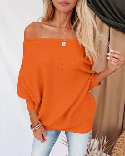 Zenlonr Women's Fall Sweaters 2026 Casual Long Batwing Sleeve Loose Off Shoulder Knit Pullovers Jumper Tops(Bright Orange,Small) - Thumbnail 4