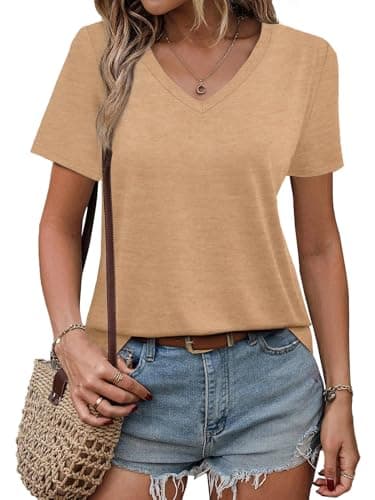 GKBK Womens Short Sleeve T Shirts V Neck Tops Summer Trendy Comfy Casual Basic Tee Shirt Khaki,M - Image 1
