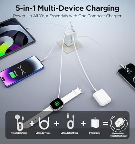 Flexino 5-in-1 Retractable Wall Charger with Apple Watch Charging, Foldable Plug Charger with 3.28ft Retractable Cable for iPhone 17/16/15/14 Pro Max, iPad & Wireless Earbuds (White) - Thumbnail 3