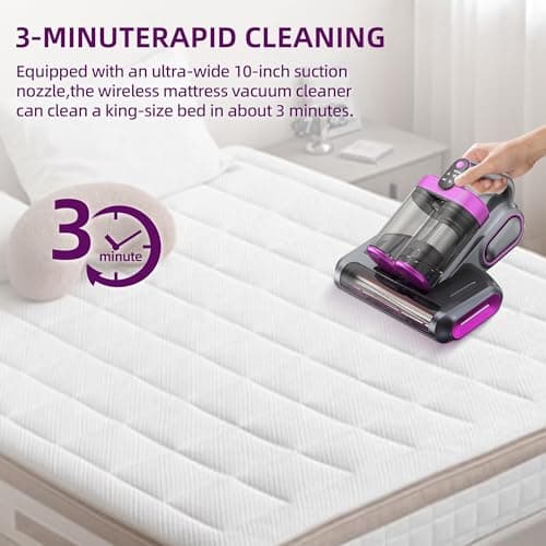 BESTING Cordless Mattress Vacuum Cleaner, 16Kpa Handheld Bed Vacuum with 253.7nm UV-C Light, Ultrasonic, Widened Suction, Low Noise, HEPA Filtration for Mattress Sofa Couch Pet Hair, Purple - Thumbnail 5