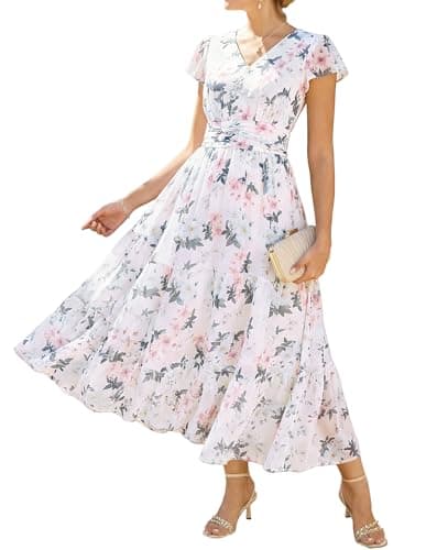 GRACE KARIN Women Summer Dress,Maxi Floral Dresses,V Neck Wedding Guest Flowy Dress 2026 White with Pink Blue Flowers XXL - Image 1