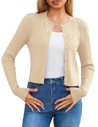LETDIOSTO Women's Lightweight,Micro-Cable Cropped Cardigan Sweaters XS-XL Camel - Image 1