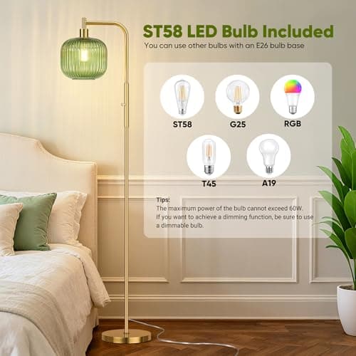 QiMH Glass Floor Lamp for Living Room, Modern Standing Lamp with Green Ribbed Glass Lampshade, Stepless Dimmable Rotary Switch, 67” Tall Lamp for Bedroom Home Decor, Brushed Gold - Thumbnail 6