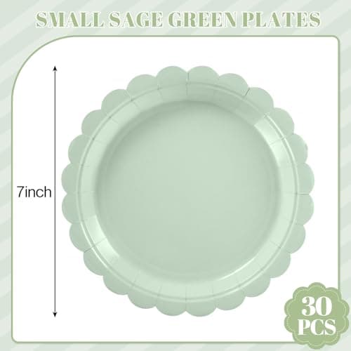 NatNarr 30 Pcs Dessert Plates Disposable, 7 Inch Scalloped Sage Green Cake Plates Small Birthday Appetizer Plate Cute Sage Green Paper Plate for Baby Bridal Shower, Wedding - Thumbnail 2