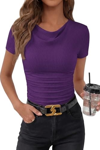 PRETTYGARDEN Womens Summer Tops 2026 Cute Cowl Neck Short Sleeve T-Shirts Ribbed Knit Fitted Spring Ruched Crop Top(Purple,Medium) - Thumbnail 4