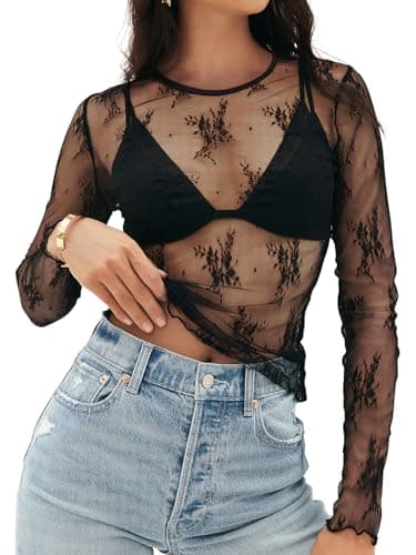 MEROKEETY Womens Long Sleeve Lace Sheer Mesh Top 2025 Crewneck Sexy Y2k See Through Going Out Blouse Shirts, Black, XX-Large - Image 1