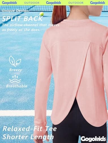 Gogokids Girls Long Sleeve Athletic Shirt, Breathable Cotton Activewear Top with Stretch, Split Back & Thumbholes, Pink, 130, 7-8 Years - Thumbnail 5