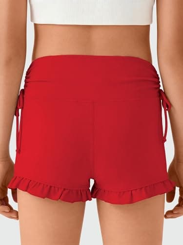 AMAWMW Girls Athletic High Waisted Ruffle Shorts Yoga Dance Cheer Shorts Teen Gymnastics Workout Shorts Red 15-16Y - Thumbnail 2