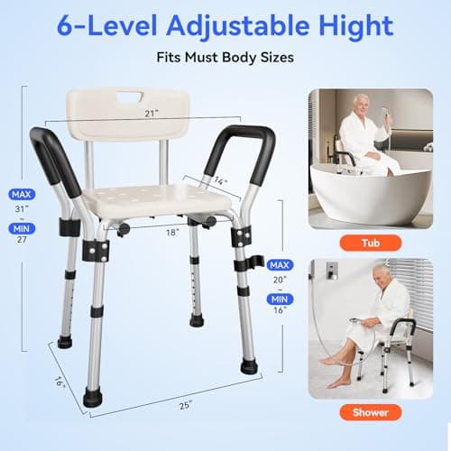 Shower Chair for Inside Shower with Arms and Back, 350 lbs Heavy Duty Shower Seat for Bathtub, 6-Height Adjustable Safety Bath Seat for Seniors, Adults, Handicap and Disabled - Thumbnail 3