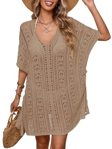 BreathSunny Womens Crochet Knit Short Cap Sleeve Swimsuit Coverup Summer 2026 Oversized V Neck Side Slit Mesh Swimwear Coverups Beach Swim Bikini Bathing Suit Cover Up Dress for Women Khaki S - Image 1