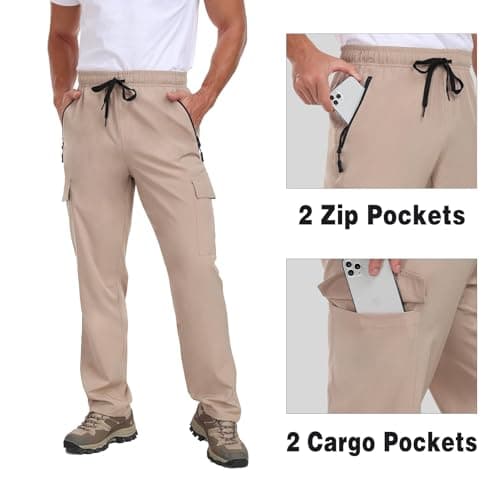 Mens Cargo Hiking Pants with 4 Pockets Waterproof Quick Dry Elastic Waist Drawstring UPF 50+ Lightweight Work Casual Travel Golf Workout Gym Khaki L - Thumbnail 5