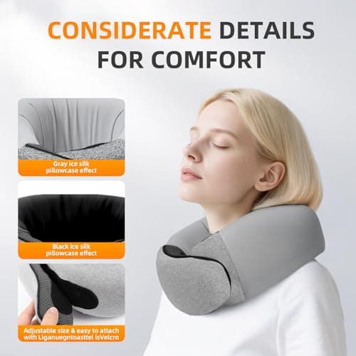 Travel Neck Pillows for Airplanes, Premium 100% Memory Foam Neck Pillow with Alternative Skin-Friendly Silk Cover - Upgrade Liner Enables Easy Pillowcase Cleaning, Travel Pillow Fits Plane, Car, Train - Thumbnail 4