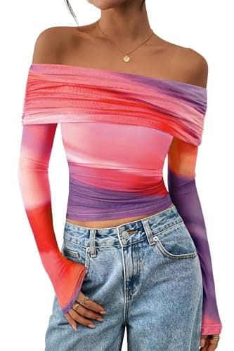 PRETTYGARDEN Womens Tops 2026 Spring Off The Shoulder Long Sleeve Fitted Y2k Shirts Floral Ruched Mesh Going Out Outfits(Multicolour Print,Medium) - Thumbnail 3