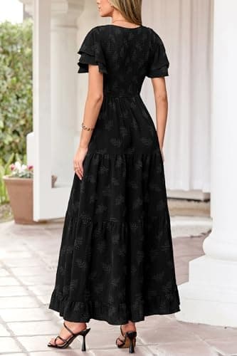 dowerme Maxi Dresses for Women 2026 Summer Ruffle Sleeve V Neck Smocked A Line Floral Boho Tiered Sundress Spring Outfit(Black,X-Large) - Thumbnail 5
