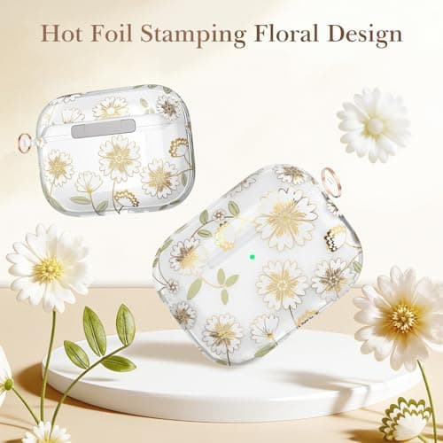 Delidigi Hot Foil Floral Design Case Compatible with AirPods Pro 3 Case with Keychain, Translucent TPU Protective Cover for Apple AirPods Pro 3nd Generation 2025, Two-Piece Snap-Fit - Thumbnail 2