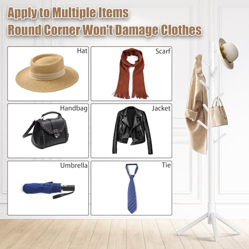 Aliphon Wooden Coat Rack Stand, Freestanding Coat Rack with 8 Hooks, 3 Adjustable Size Coat Tree for Hats, Coats, Scarves bags, Coat Hanger Stand Used in Bedroom/Office/Entryway （White） - Thumbnail 6