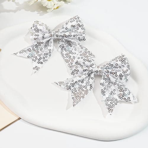 Silver Glitter Fable Hair Bows Alligator Hair Clips Hair Accessories for Baby Girls Toddlers Kids (3.5 inches in Pair） - Thumbnail 5