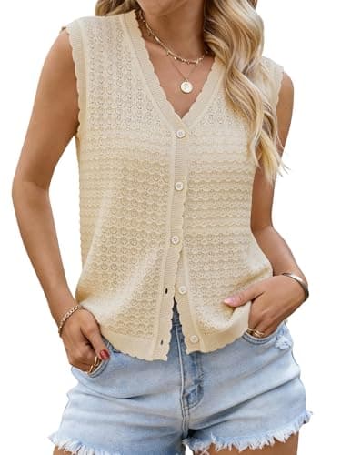 Bellcoco Womens Sleeveless V Neck Sweater Vest Crochet Knit Summer Tops Button Down Spring Cardigan Casual Outfits 2026 Apricot XXL - Image 1