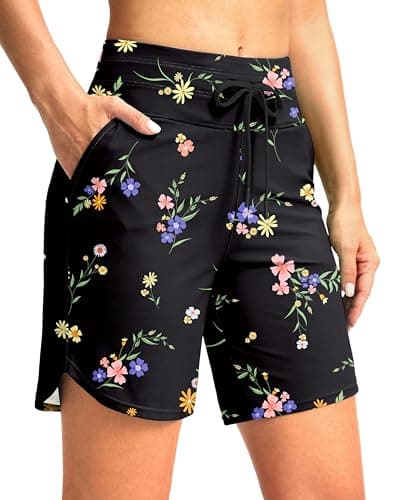 G Gradual Women's 7" High Waisted Swim Board Shorts with Pockets Quick Dry Beach Swimming Shorts for Women with Liner(Black Floral,S) - Image 1