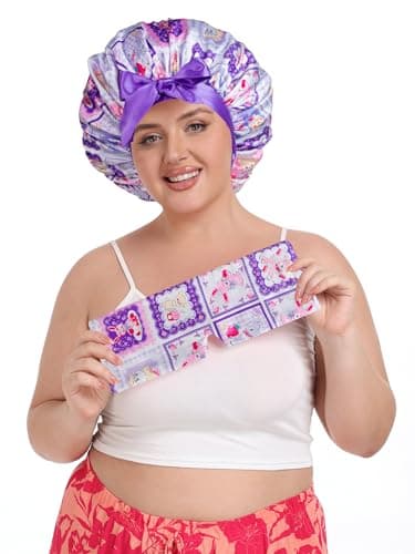 Vettres Double Layer Satin Bonnet for Sleeping with Detachable Eye Mask Adjustable Night Cap for Curly, Natural, Braided Hair Reduces Frizz & Locks in Moisture Pink Purple Animals - Thumbnail 4