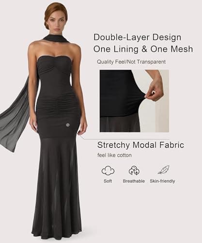 Curvphilo Women's Strapless Ruched Bodycon Mermaid Maxi Dress with Neck Scarf Formal Evening Prom Wedding Guest Gown Black - Thumbnail 4