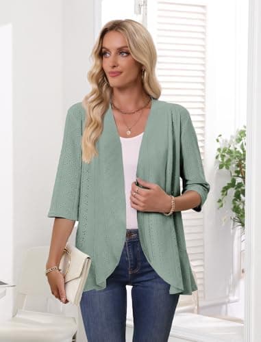 Askyes Women's Casual Cardigan Eyelet Embroidery Open Front Spring Loose Lightweight Beach Cardigan 3/4 Sleeve,Grayish Green,XL - Thumbnail 5