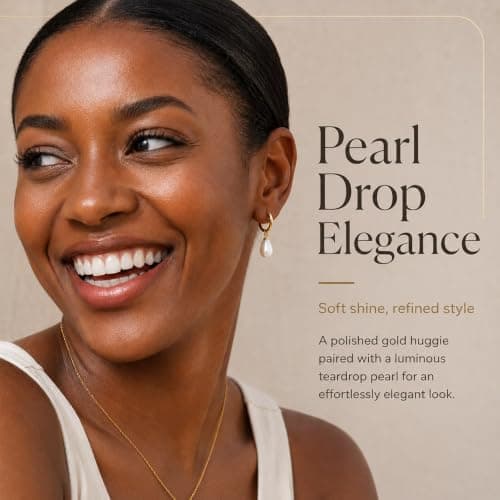 Gold Pearl Drop Earrings for Women Pearl Dangle Huggie Hoops - Thumbnail 2