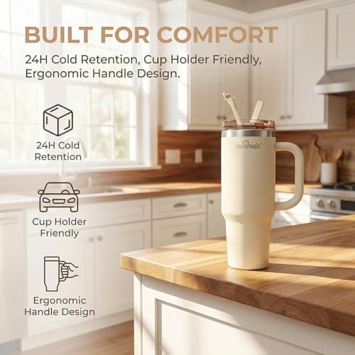 MIKENDA 40oz Insulated Tumbler with Straw | Double Wall Stainless Steel Travel Mug | Leak Proof Lid, 24hr Cold & 12hr Hot | Reusable Water Bottle for Office, Gym, Hiking(beige) - Thumbnail 3
