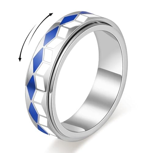 AmorArtSky Checkered Fidget Spinner Ring for Anxiety Relief, 18K Gold Plated Stainless Steel Stress Relief Spinning Ring with Blue White Enamel for Women & Men, Non Tarnish Gift Size 6-10 (Blue White Checkered Ring_Silver, size 7)