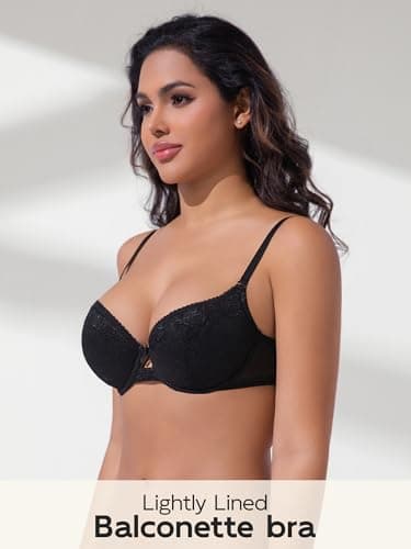 IHOIU Women's Balconette Bra Sexy Lace Bralettes Demi Underwire Low Cut Cotton Everyday Bras Half Cup Lingerie (Black, 32C) - Thumbnail 2