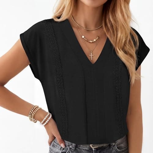 T Shirts for Women Womens V Neck Tops Summer Casual Blouses Dressy Lace Trim Short Sleeve Basic Tees Boho Fashion Black - Thumbnail 2
