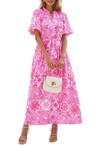 KIRUNDO Women Spring Summer Wedding Guest Boho Floral Maxi Dress Puff Sleeve Button Shirt V Neck Flowy Beach Vacation Dress(Rose Red, Medium) - Image 1