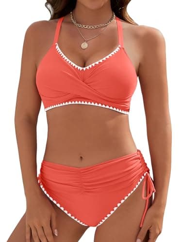 Dridreo Women's Bikini Sets V Neck High Waisted Swimsuits Shell Stitched Two Piece Swimsuit Tie Side Swimwear Coral Pink XL - Image 1
